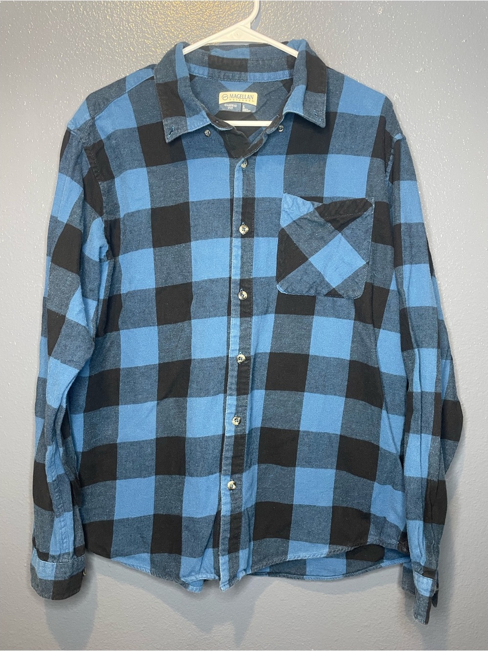 Magellan Outdoors Blue and Black Buffalo Plaid Flannel Button-Up Shirt